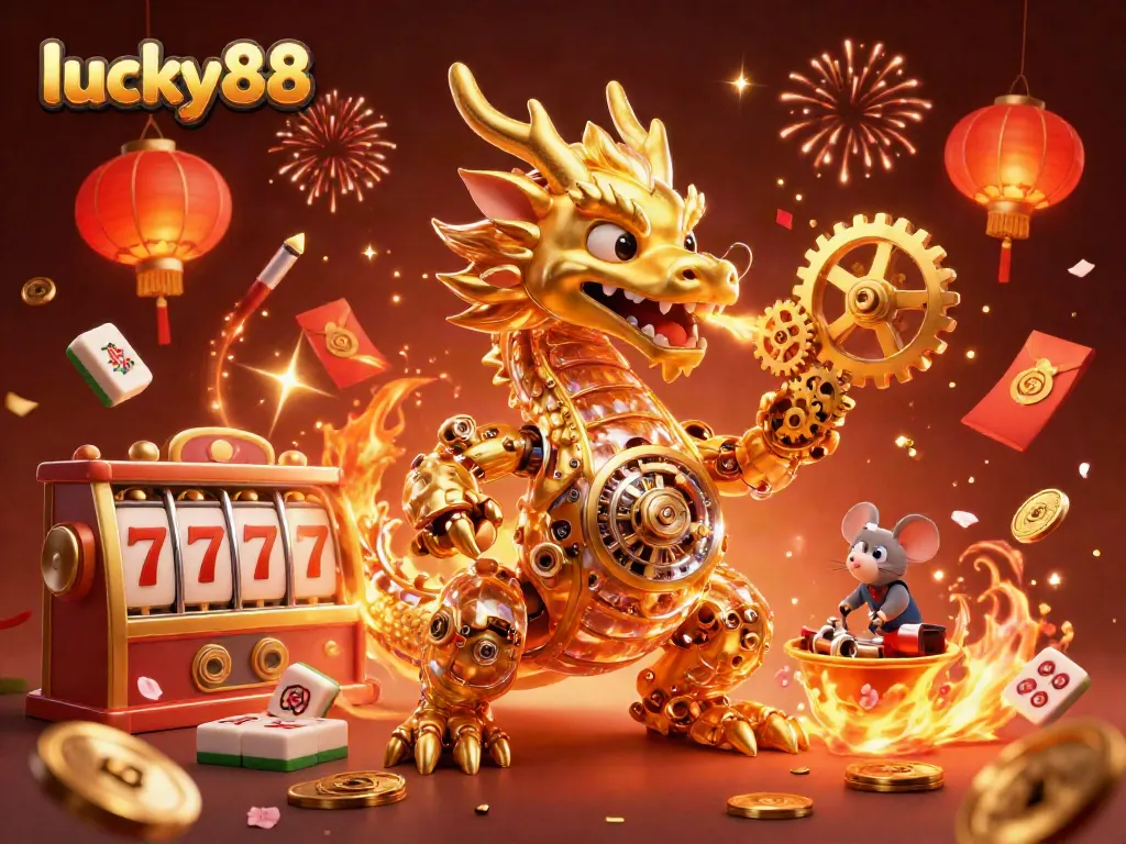 Spin to win on the lucky88 slot, featuring a majestic golden dragon and exciting game elements!