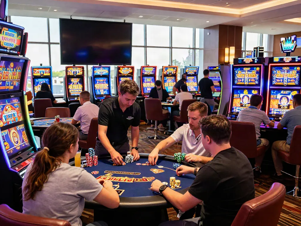 Exciting atmosphere at non GamStop casinos with players enjoying games and vibrant decor.