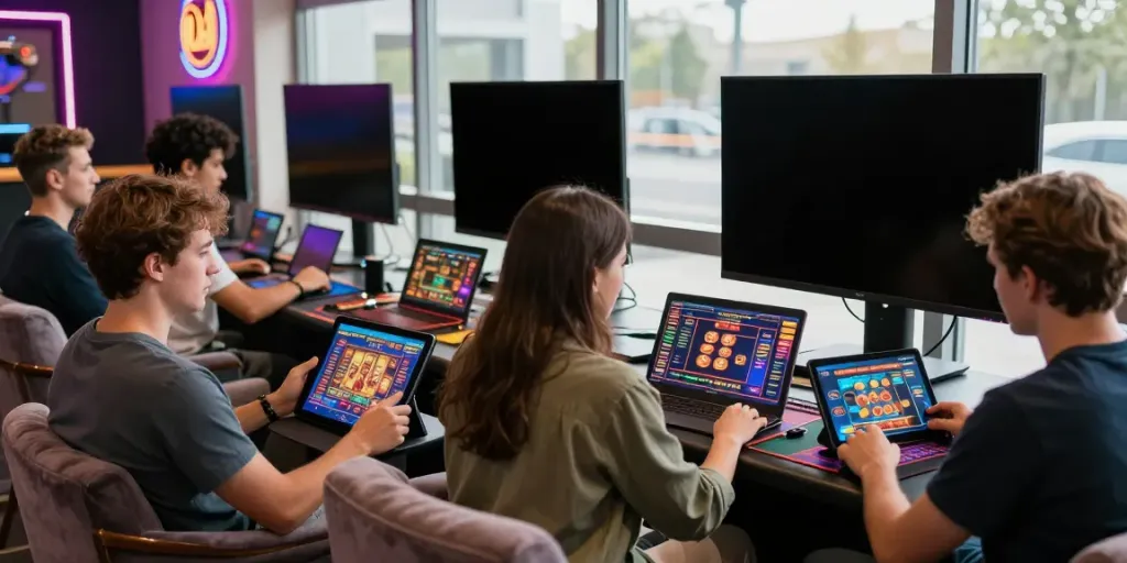 Players exploring non GamStop casinos in a vibrant online gaming lounge with engaging devices and cozy atmosphere.