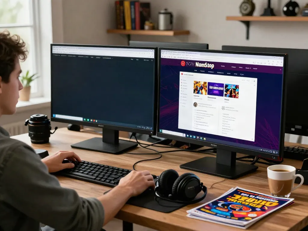 Engaging home office scene showcasing a person playing at non GamStop casinos on dual monitors, with gaming décor and inviting lighting.