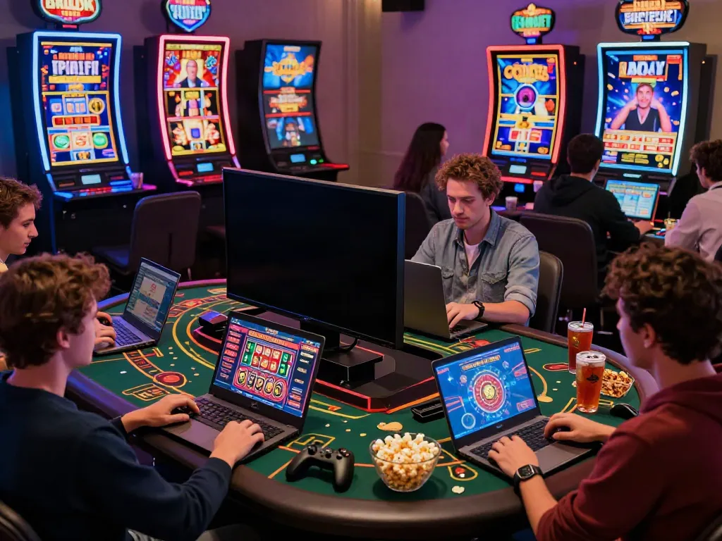 Players enjoying non gamstop casinos online in a vibrant, engaging setting with laptops and snacks.