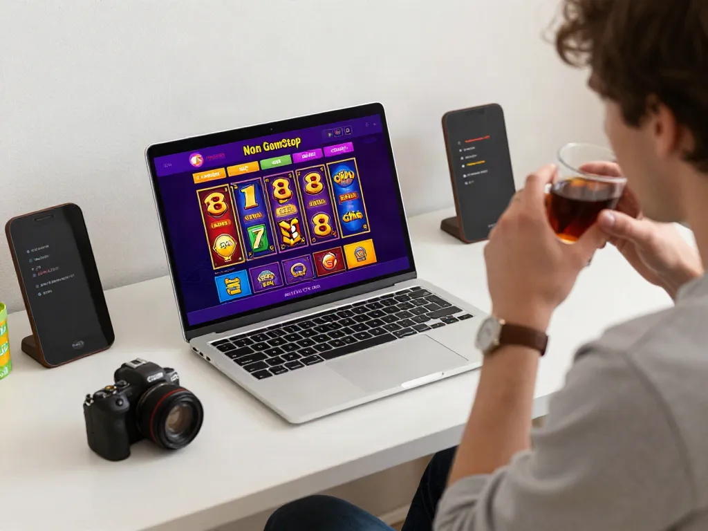 Player enjoying games at non gamstop casinos on a laptop in a cozy workspace.