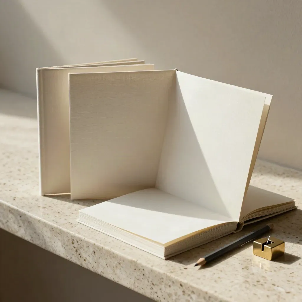 Cream service-page booklets, pencil and paperweight on travertine, lit by soft side light.