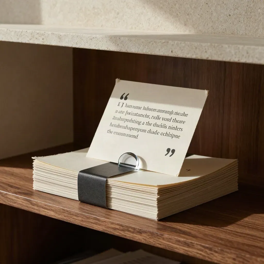 Testimonials pack on a pale plaster shelf with quote cards, review band and glass weight