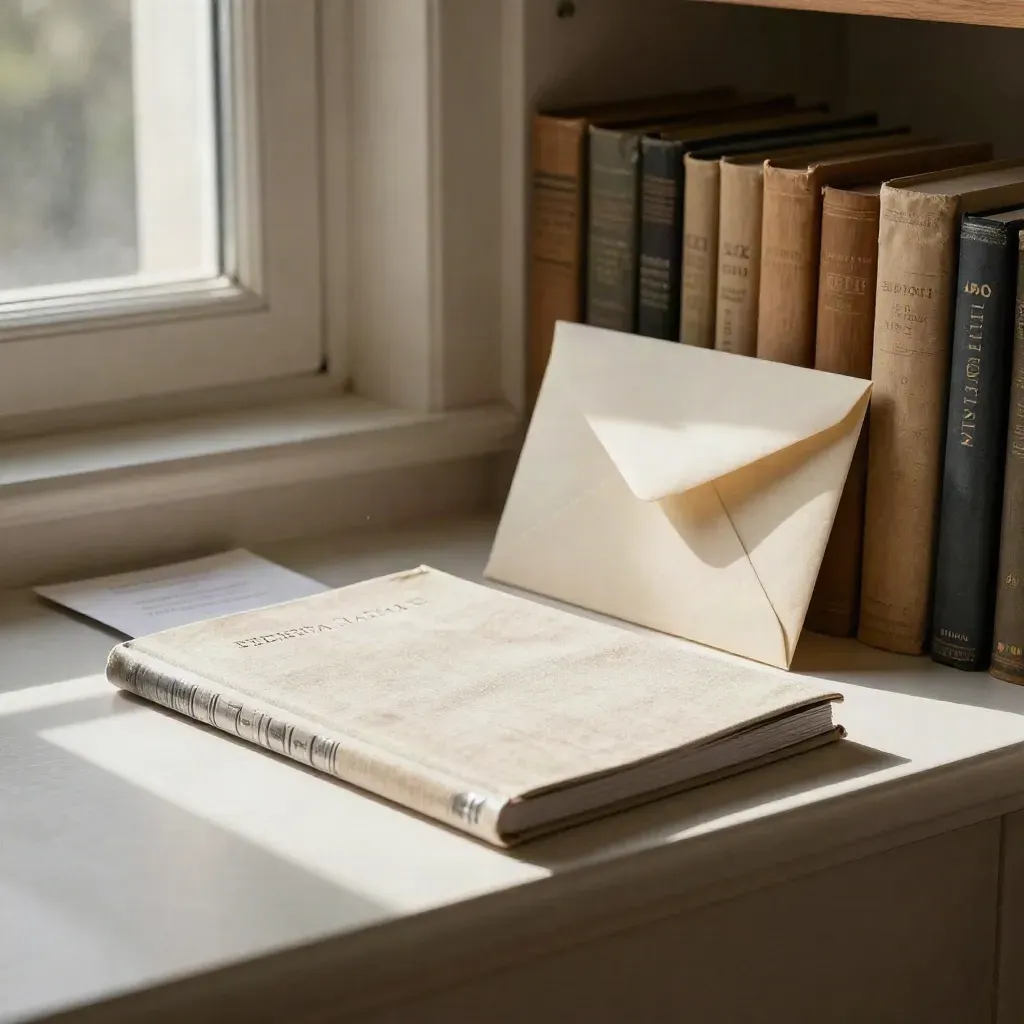 Bio kit on a warm study shelf: linen booklet, folded card, and sealed envelope in morning light.