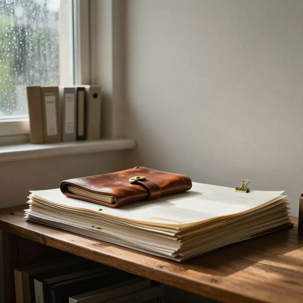 Sunlit writing studio with cream folios, leather portfolio, brass clips and an oak shelf.