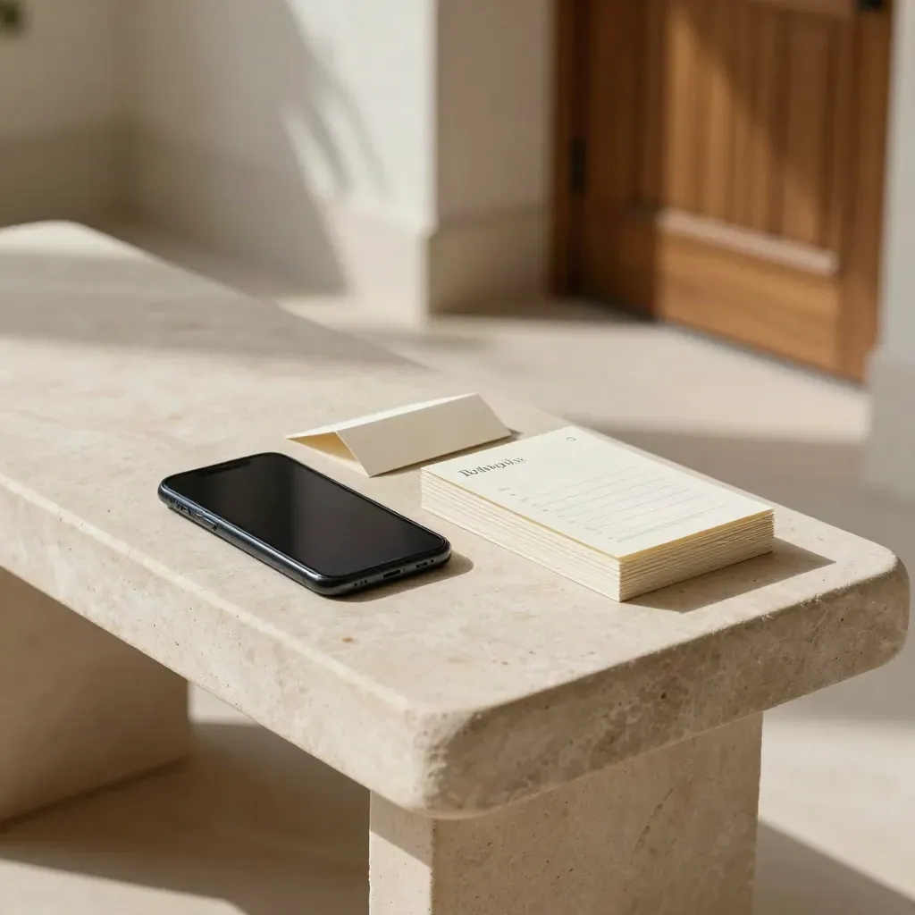 Silent phone and reply cards on a limestone bench in warm daylight.