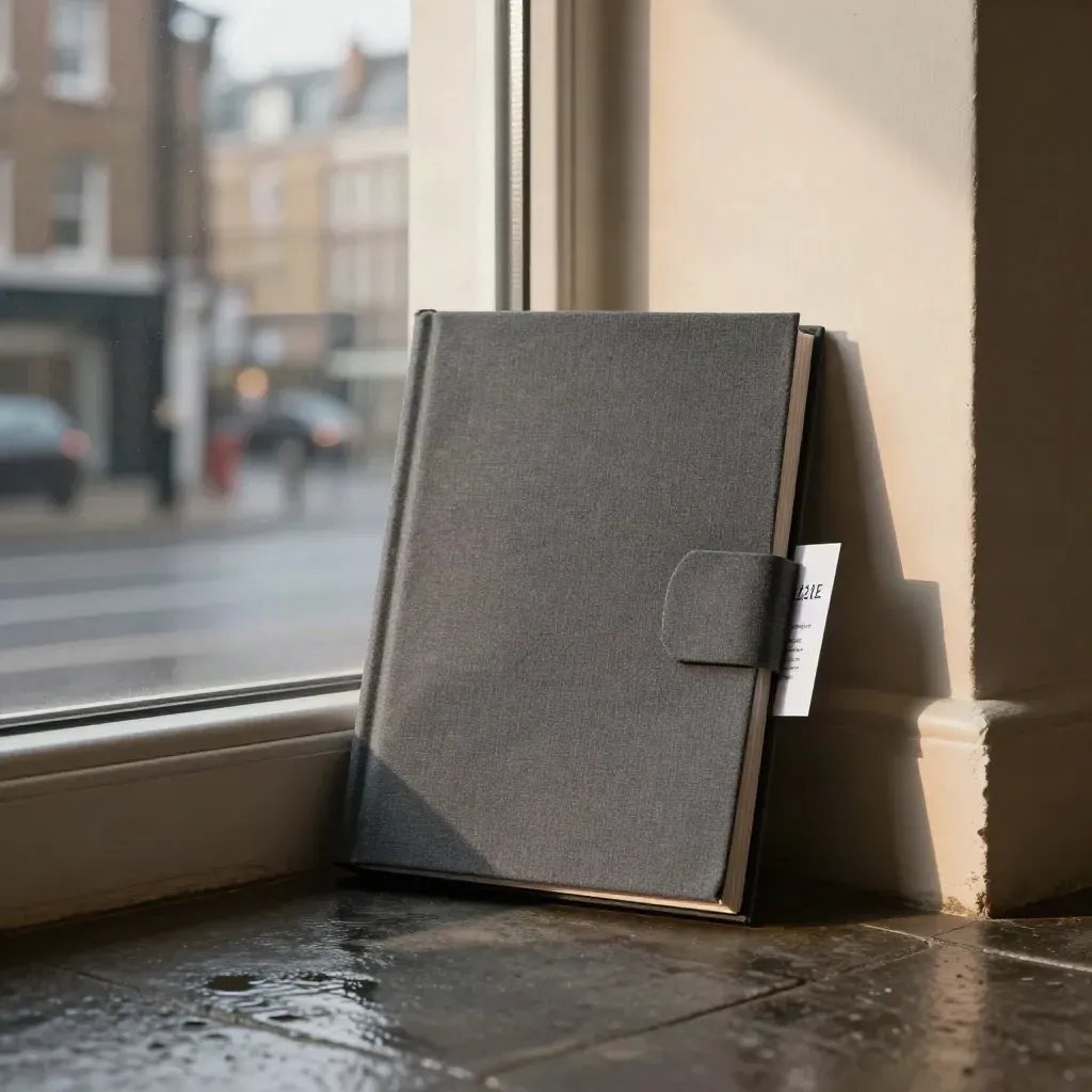 Charcoal bio booklet and folded card on a rain-lit London office stone floor by a hazy window