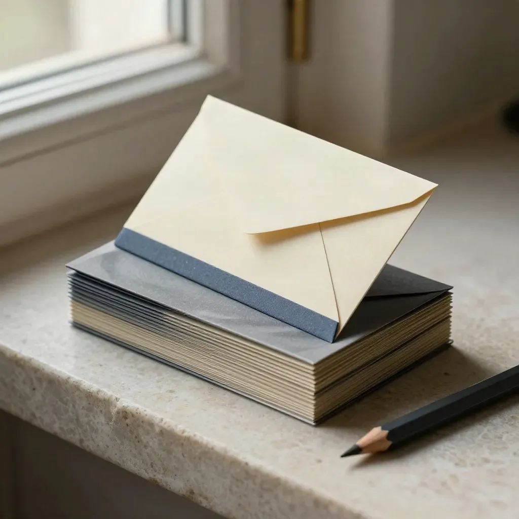Service cards, envelopes, and a pencil stub on pale stone, caught in a light breeze.