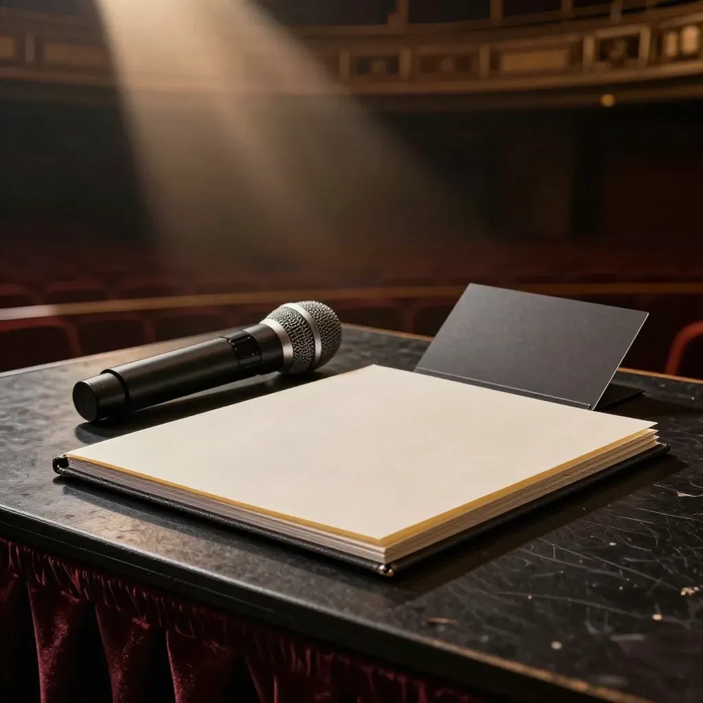 Speaker summary kit on a dark stage table with microphone, folio, and folder in warm light.