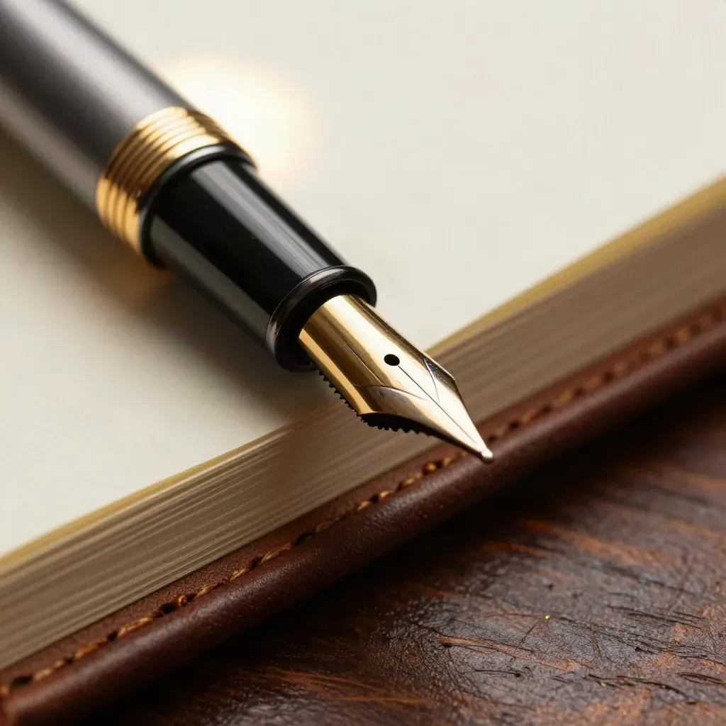 Macro still life of a fountain pen, brass paper knife and leather notebook spine on dark oak.