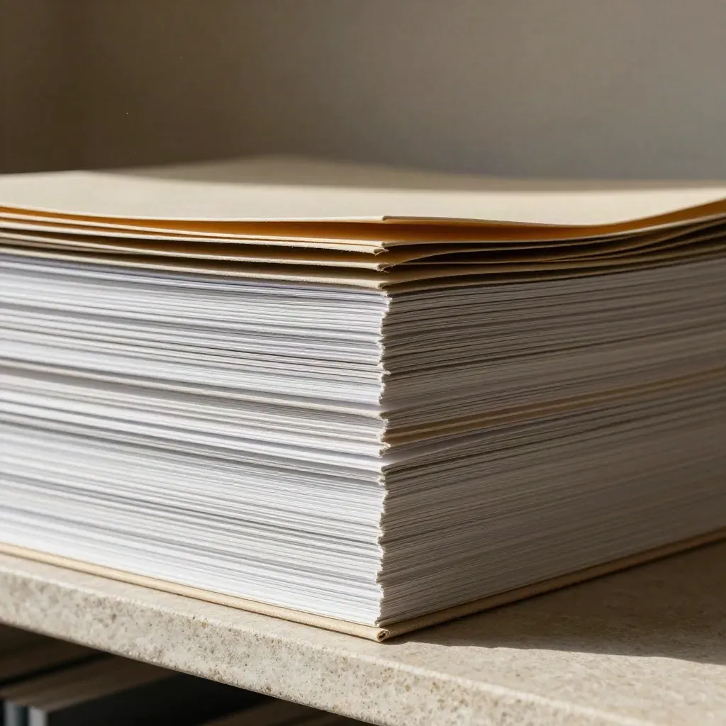 Close-up of archival folders and linen tabs compressed into a neat portfolio stack on pale stone.