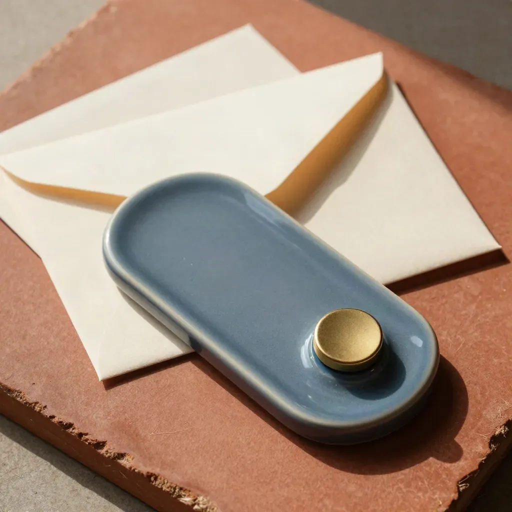 Ceramic phone cradle, envelope stack, and blue appointment token on terracotta plaster.