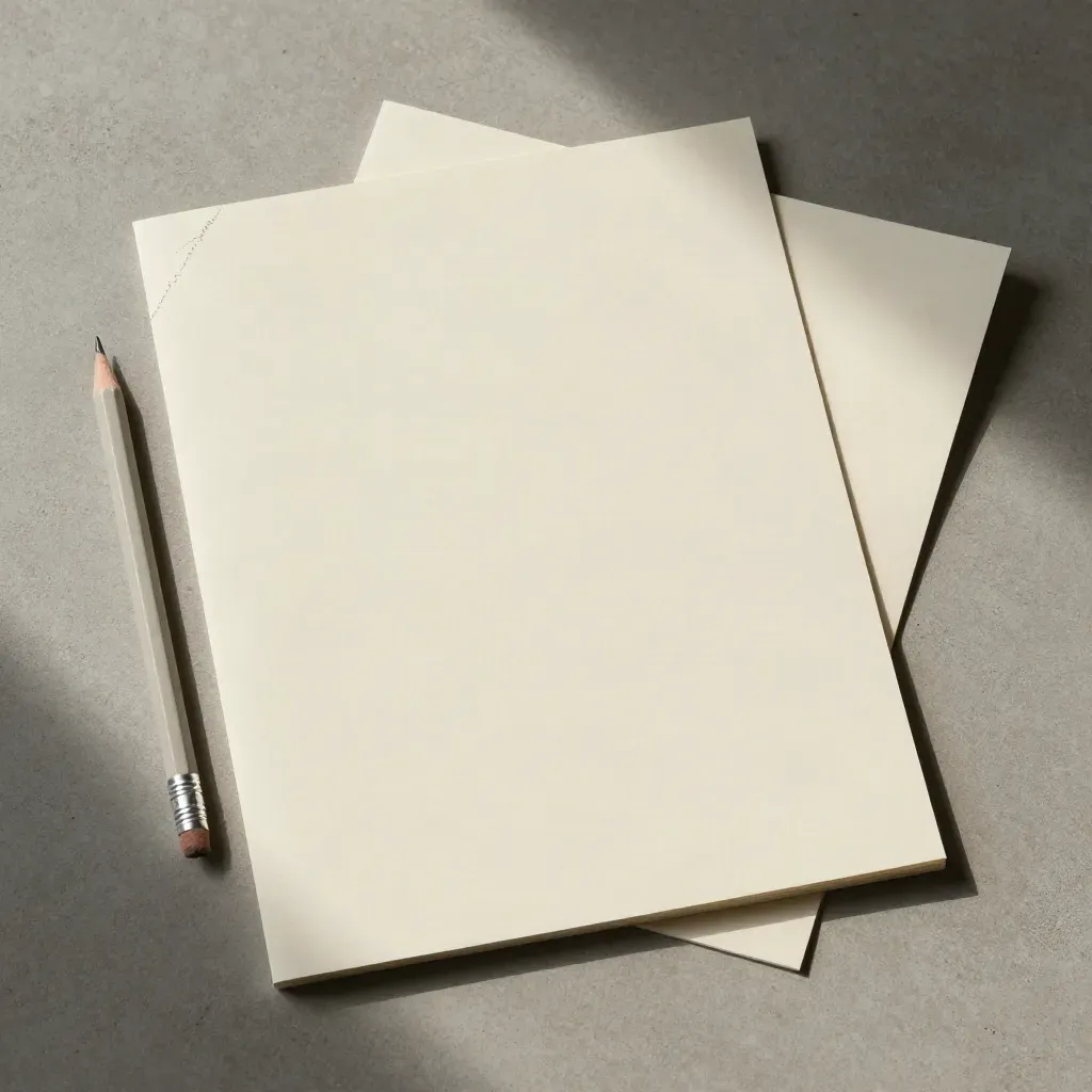 Overhead flatlay of manuscript paper, pencil stub and eraser crumbs on cream stock.