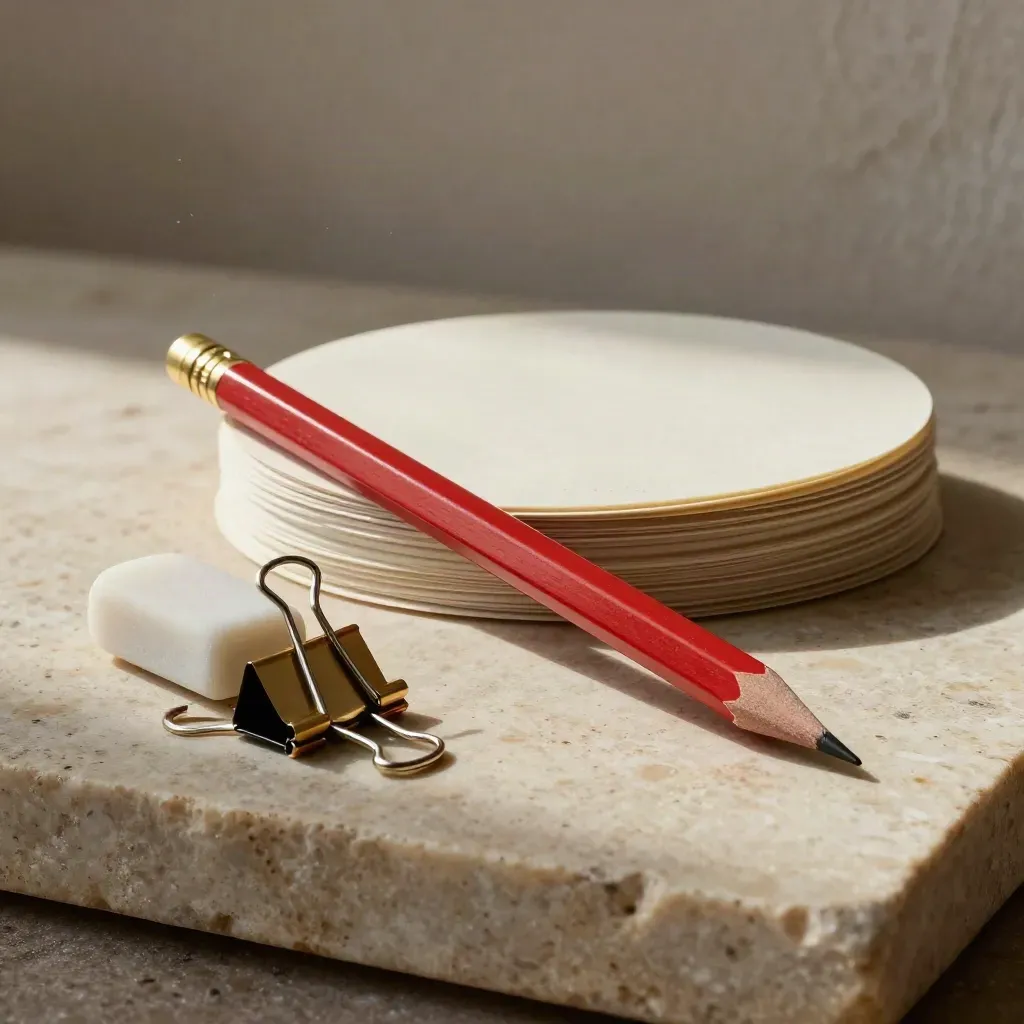 Red editing pencil, eraser and binder clips beside a face-down proof stack on pale stone.