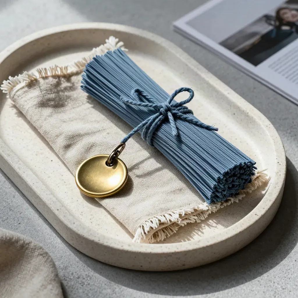 Linen file wrap, brass keyring, and tied final files on a pale stone tray with slate-blue twine.