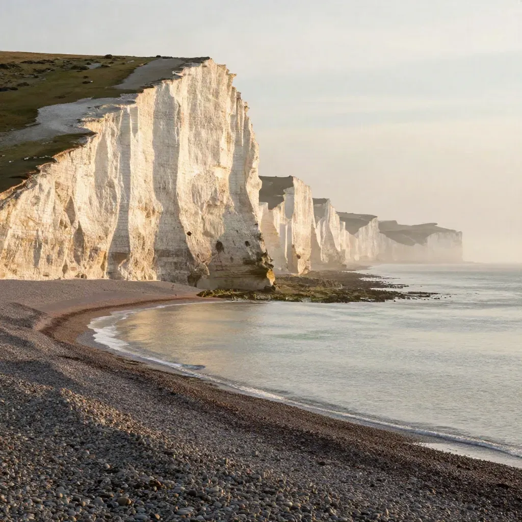 Seven Sisters cliffs glowing at golden hour above a pale hazy sea and shingle shore.