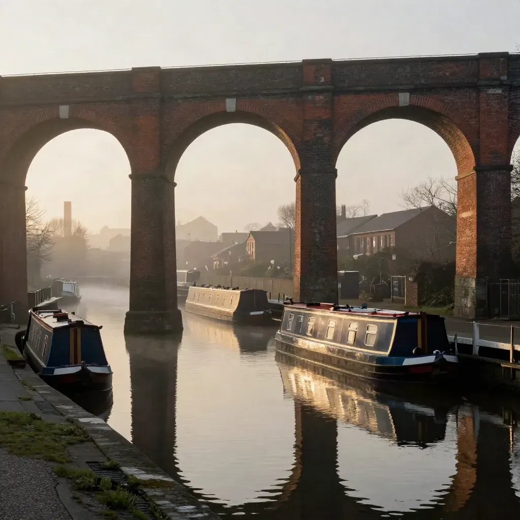 Misty Midlands canal basin with red-brick viaducts and still water at dawn.