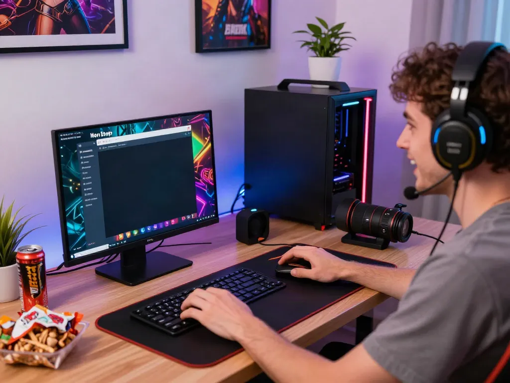 Engaging scene of a player enjoying non GamStop casinos at a home office setup with colorful lighting.