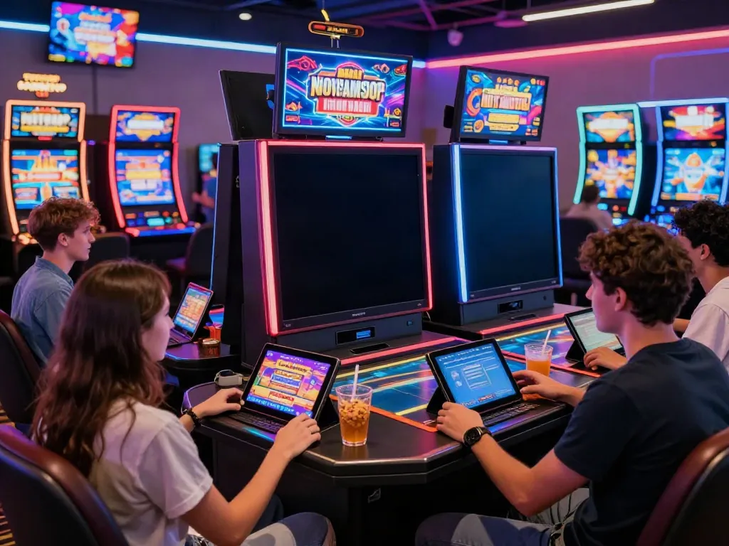 Friends enjoying thrilling games at non GamStop casinos in vibrant online setting.