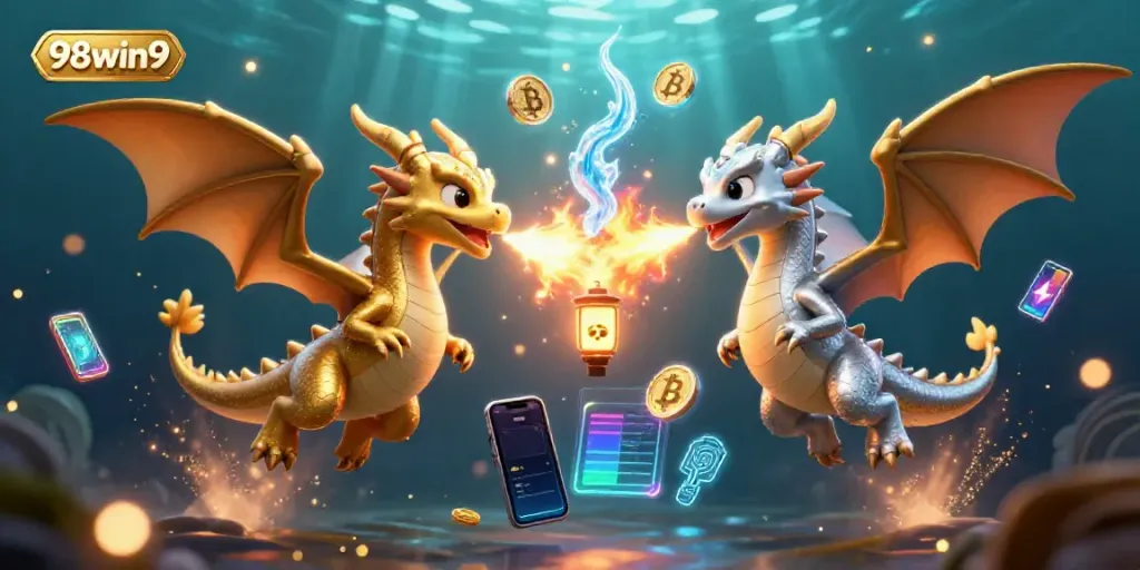 Bet on excitement with 98win9 as twin cartoon dragons unleash their fiery and icy powers in a dazzling casino-themed scene.