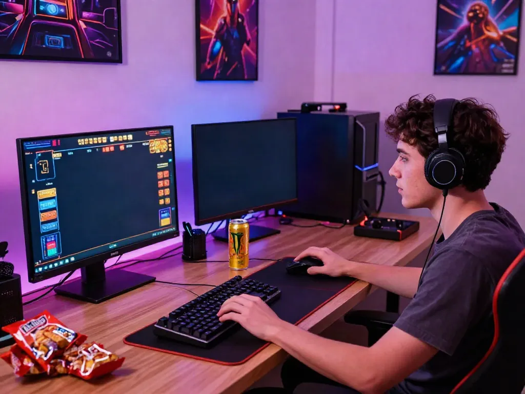 Player enjoying non gamstop casinos in a lively gaming setup with multiple screens.
