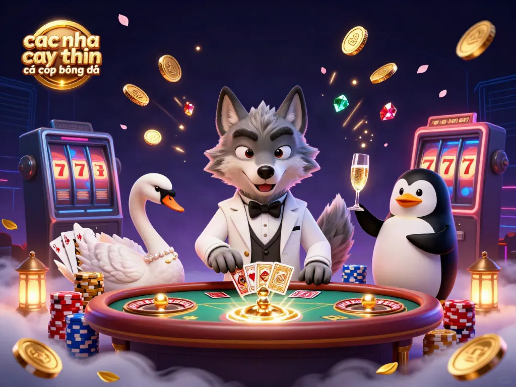 Experience thrilling moments at cac nha cai uy tin cá cược bóng đá with a stylish wolf, swan dealer, and presenting penguin.