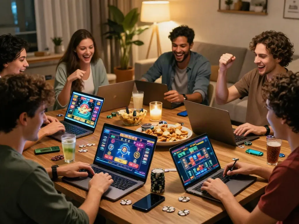 Friends enjoying gaming on laptops in a cozy living room, showcasing excitement for non GamStop casinos.