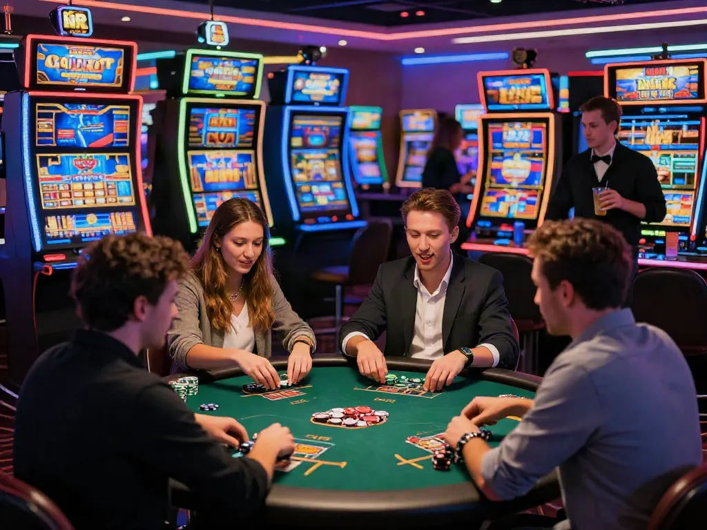 Exciting atmosphere of non gamstop casinos with players celebrating wins and engaging in vibrant games.