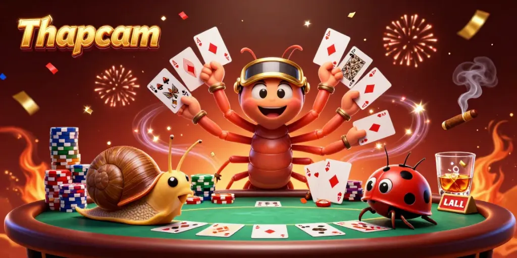 Thapcam dealers with playing cards and casino elements create excitement at the tables in vibrant 3D.