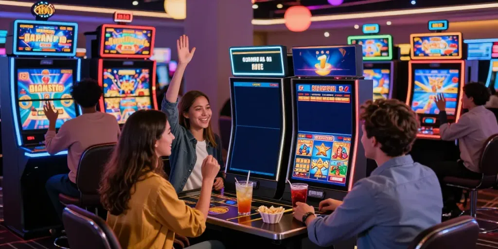 Exciting group celebrating a win at non GamStop casinos in a vibrant casino setting.