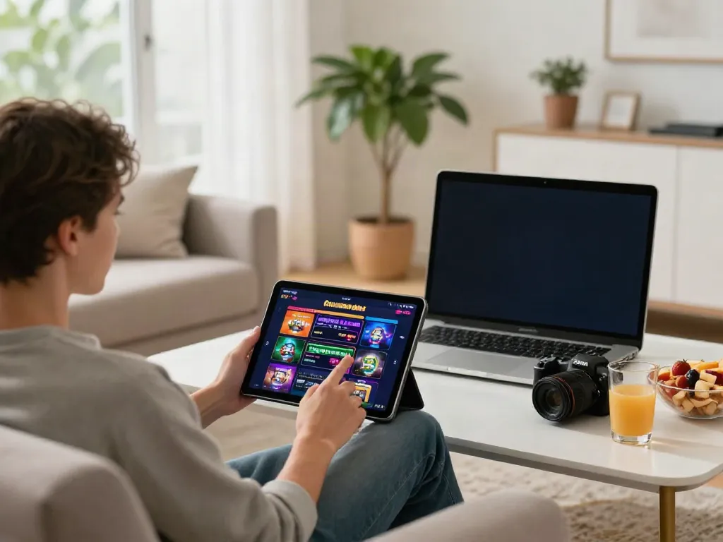 Enjoying non GamStop casinos on a tablet in a cozy living room.