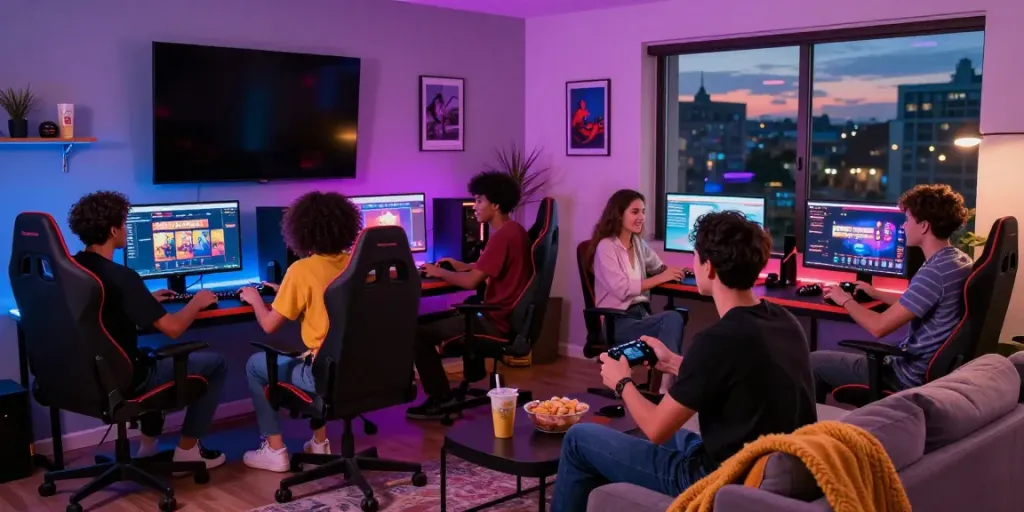 Diverse friends enjoying gaming at stylish setup featuring non GamStop casinos interface.