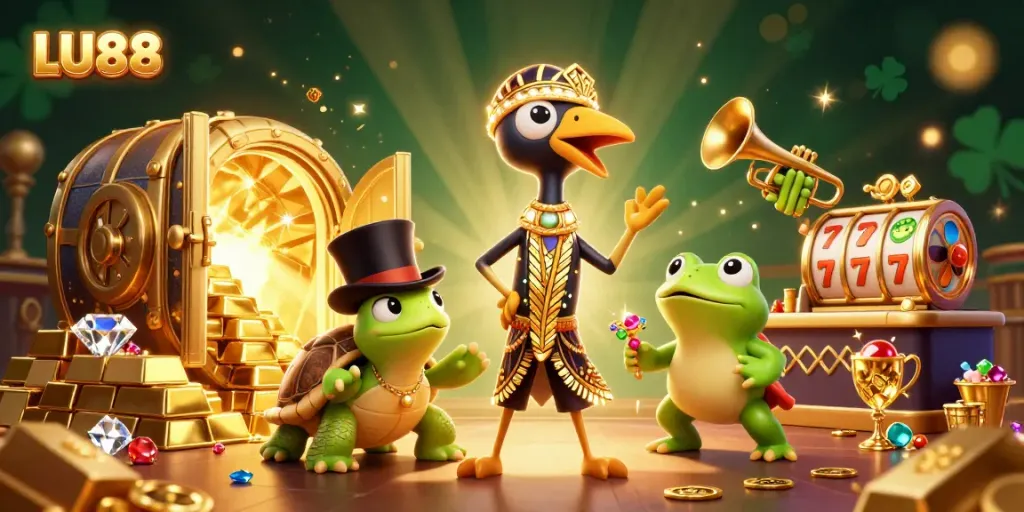 Join LU88 at a lively speakeasy with a crane, turtle, and frog amidst jewels and slot elements.