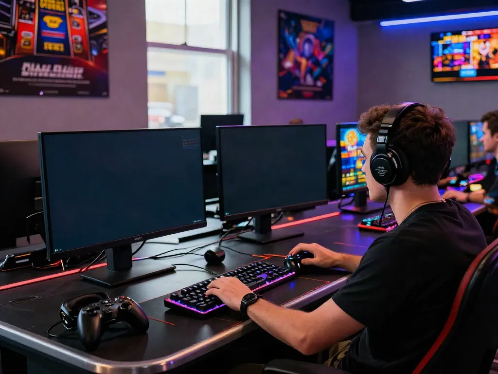 Engaging scene of a player enjoying non GamStop casinos, colorful slot games on multiple screens, dynamic gaming atmosphere.