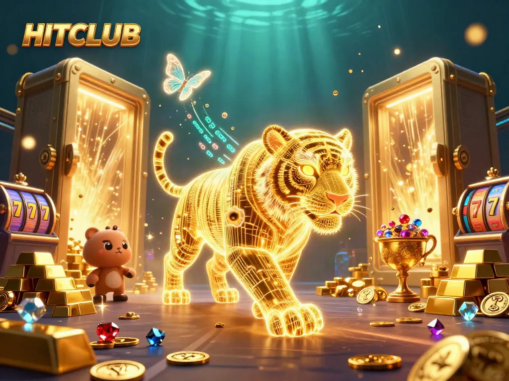 Play exciting games at HITCLUB, featuring vibrant casino visuals with treasure and light effects.