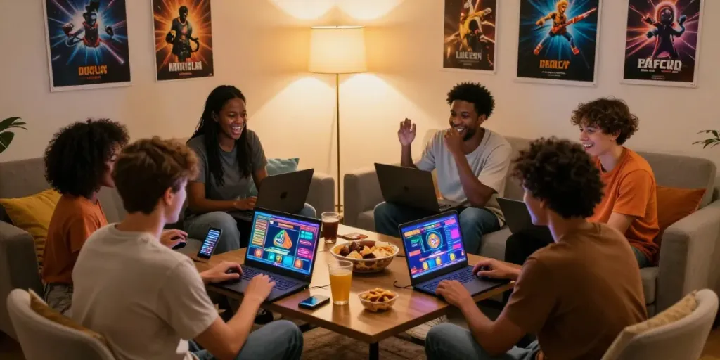 A lively gaming session showcasing friends enjoying non GamStop casinos with colorful screens and snacks.