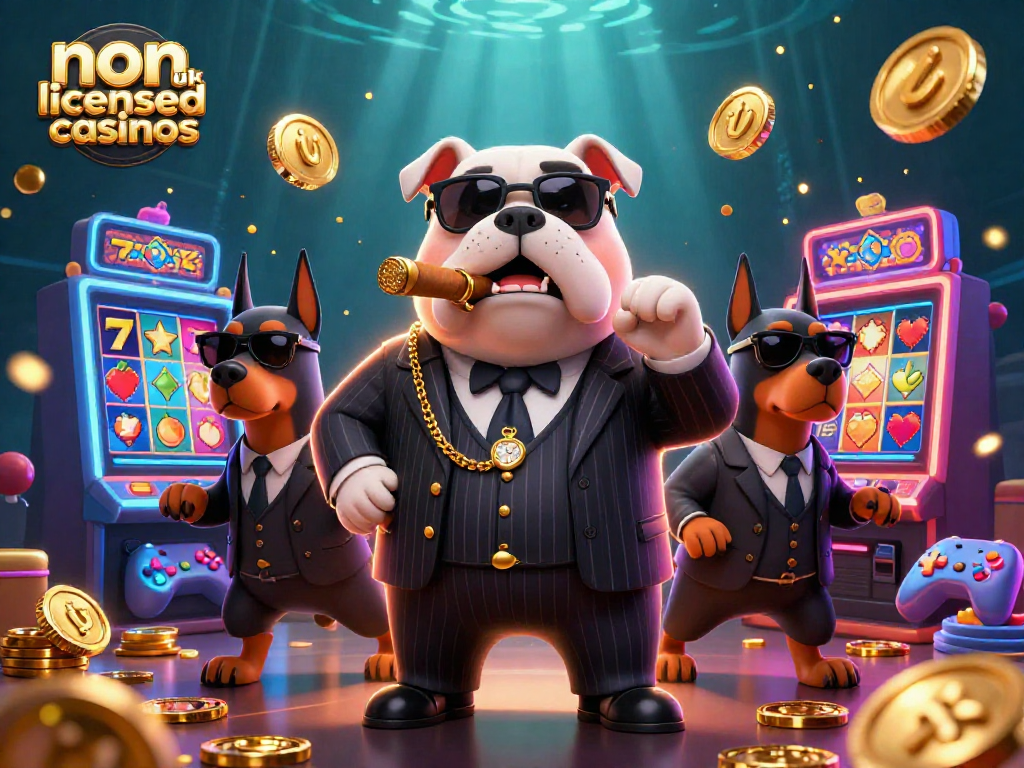 Experience the thrill of non uk licensed casinos with a mafia-themed 3D digital illustration packed with casino elements.