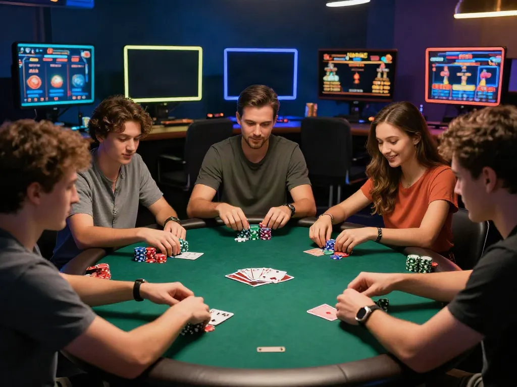 Group of friends excitedly engaging with non GamStop casinos at a stylish table with poker chips and cards.