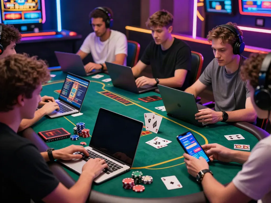 Players enjoying games in a lively non GamStop casinos atmosphere, showcasing online gambling excitement.