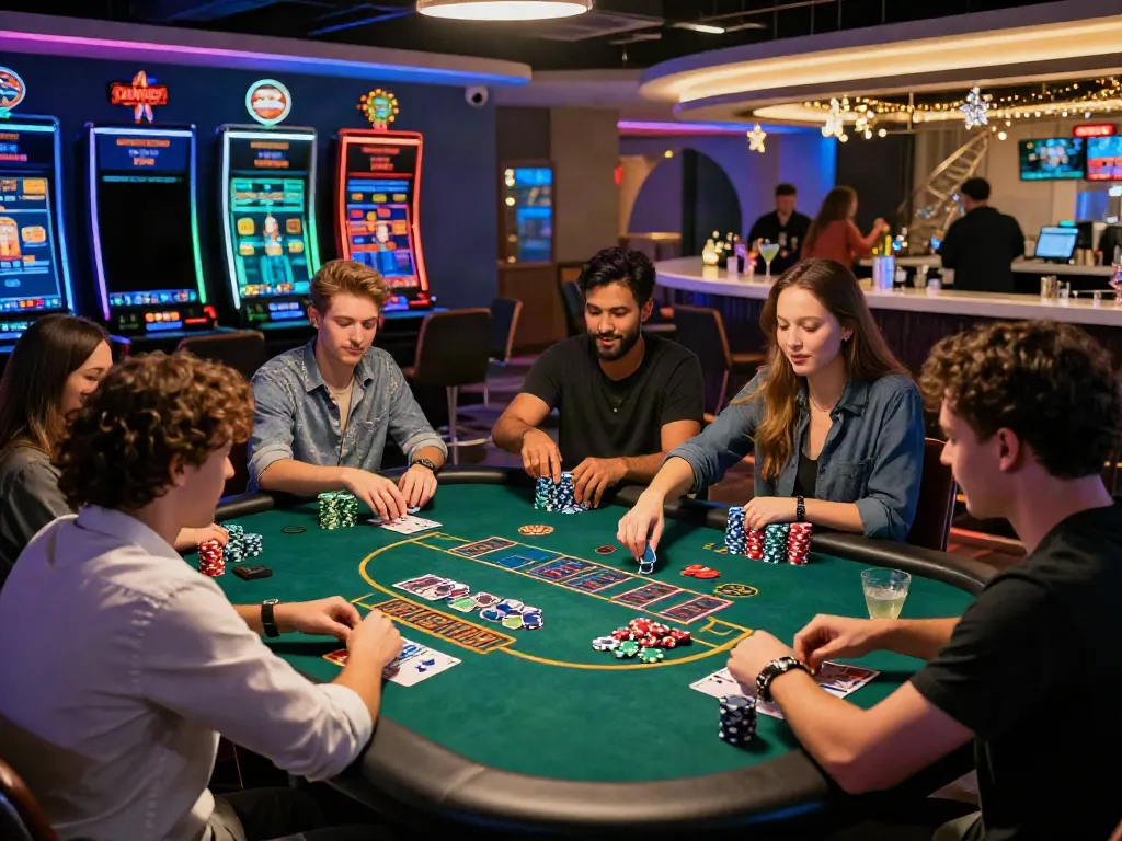 Players enjoying games at non GamStop casinos with vibrant atmosphere and casino decor.