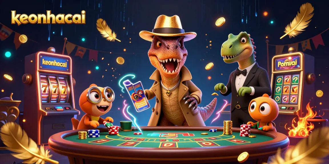 Engage in keonhacai and dynamic casino activities with a colorful 3D illustration of card counters and excitement.