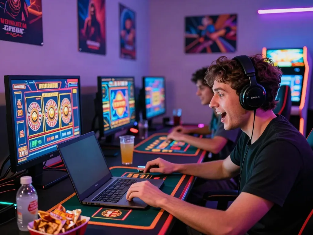 Excited player enjoying non gamstop casinos on a laptop with colorful gaming graphics.