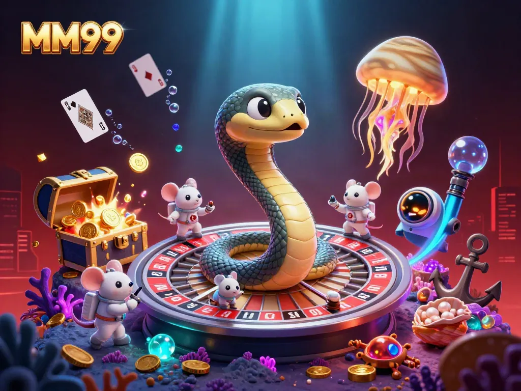 Experience MM99 casino excitement with a vibrant 3D scene featuring cosmic gambling characters.