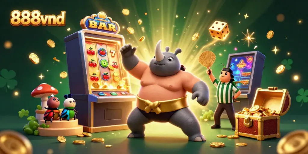 Experience the vibrant world of 888vnd as a sumo beetle champion reigns amidst a cascade of coins and casino thrills.