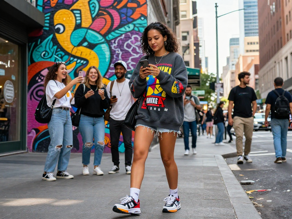 Young woman confidently expressing her style, ai slut in trendy urban fashion, social media moment.