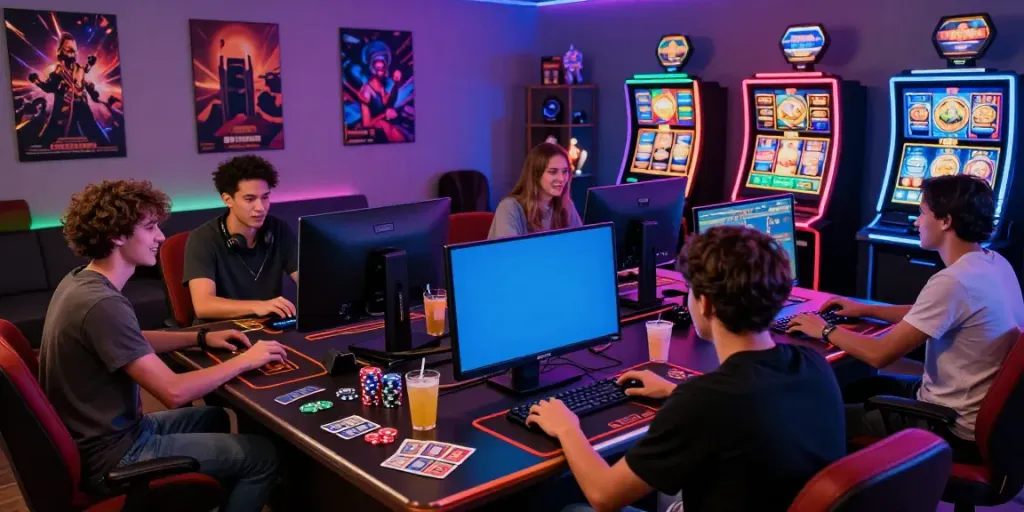 Diverse group enjoying games at a virtual casino, showcasing non gamstop casinos experience.