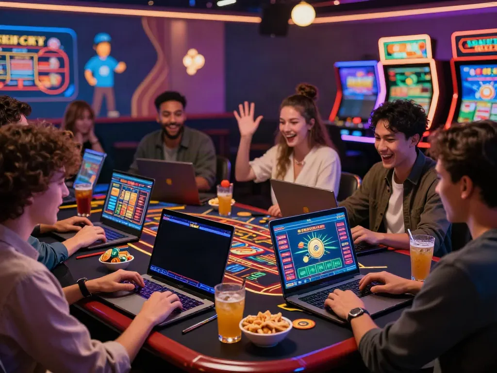 Friends enjoying non GamStop casinos on laptops with colorful games