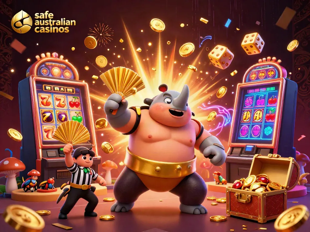 Engaging scene showcasing safe australian casinos with a dynamic rhinoceros beetle champion amidst festive casino elements.