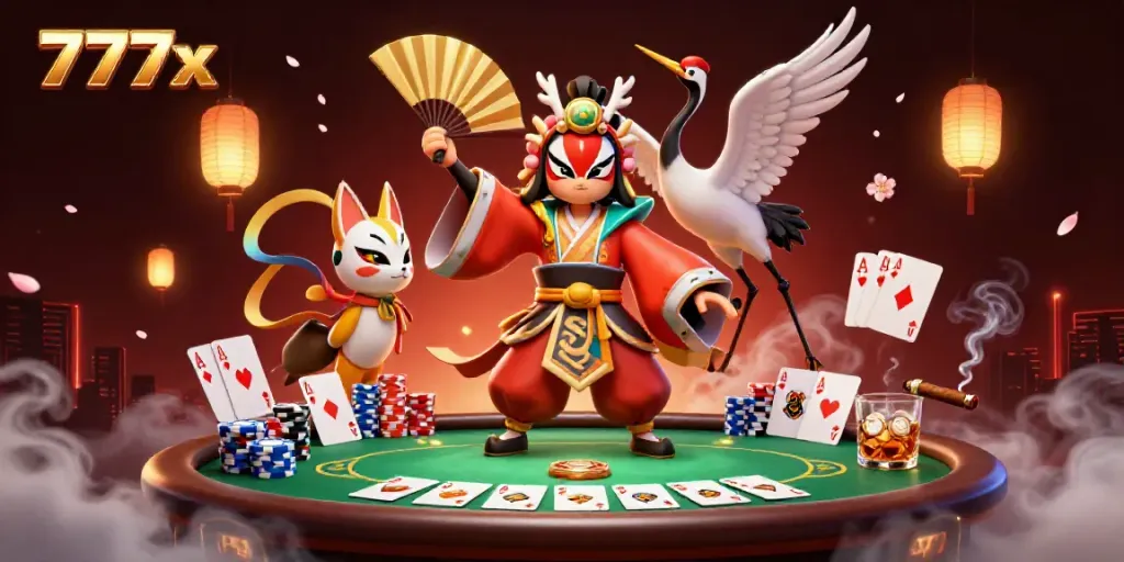 Experience thrilling poker action with 777x and vibrant characters amidst dynamic casino elements.